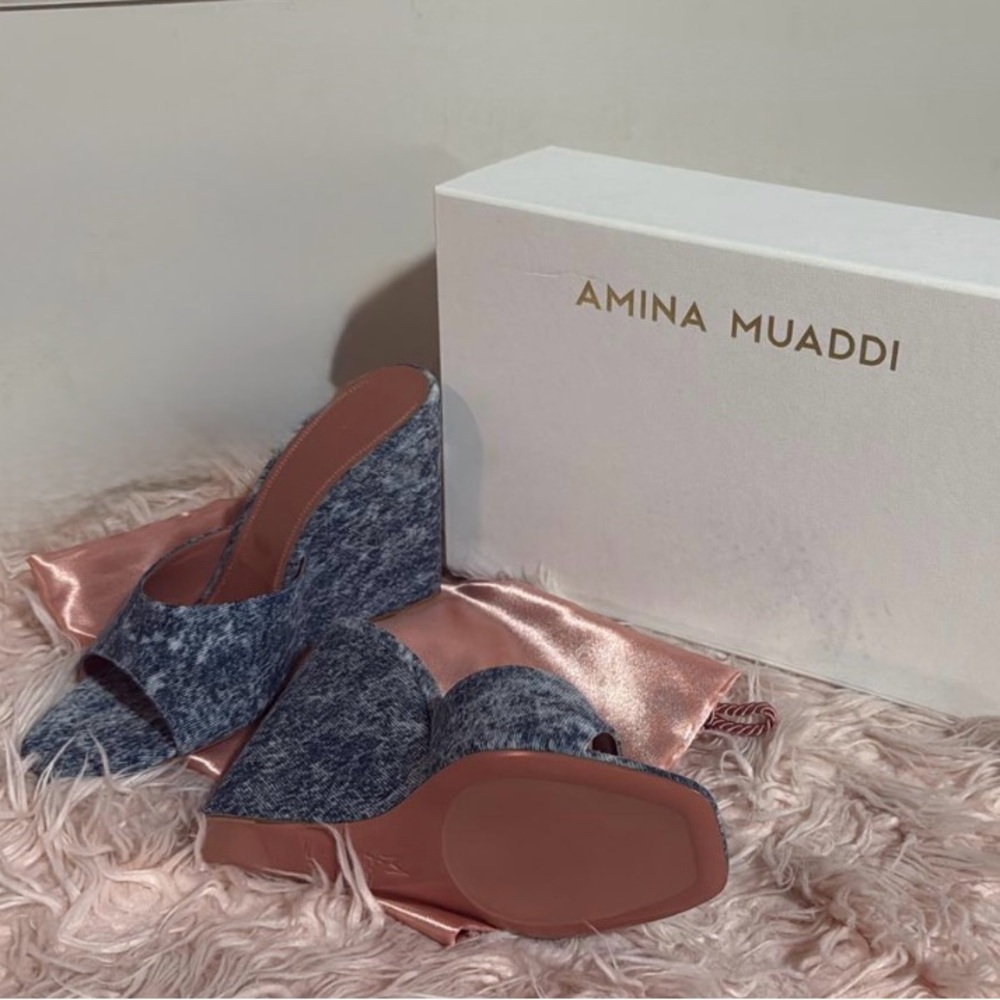 Amina Muaddi Blue Denim Mules